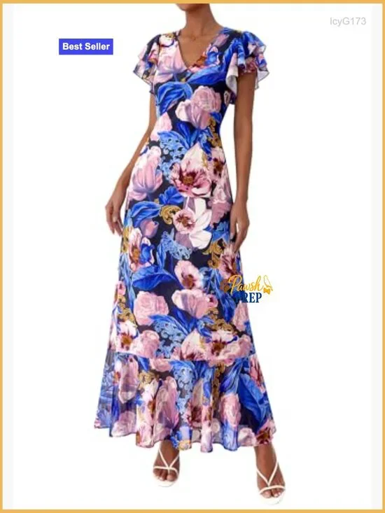 Floral Maxi Dress with V-Neck Ruffle Sleeves Elastic Waist Pockets - Picture 3 of 7